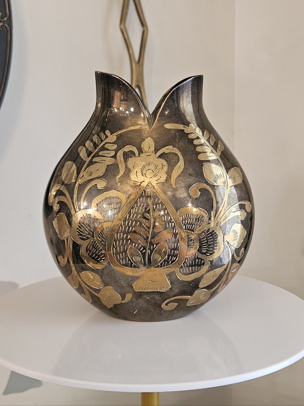 Vintage Etched Brass Metal Vase